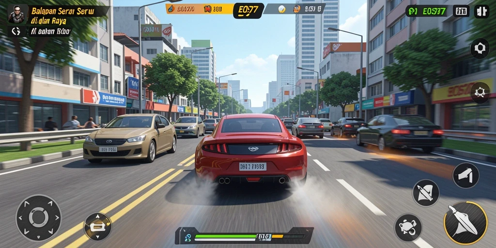 Tampilan gameplay balapan yang seru dan penuh aksi di EOS77.