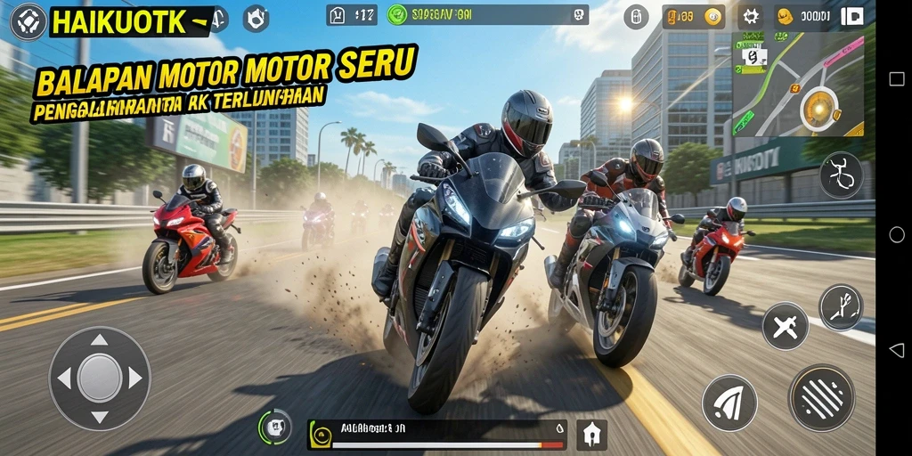 Screenshot gameplay HAIKUOTK menampilkan balapan motor yang seru dan menegangkan.